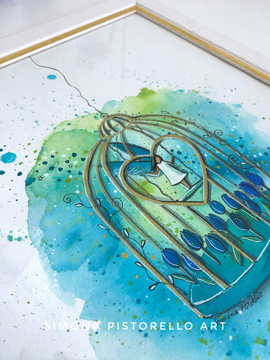 Acquerello "Colibrì" con cornice