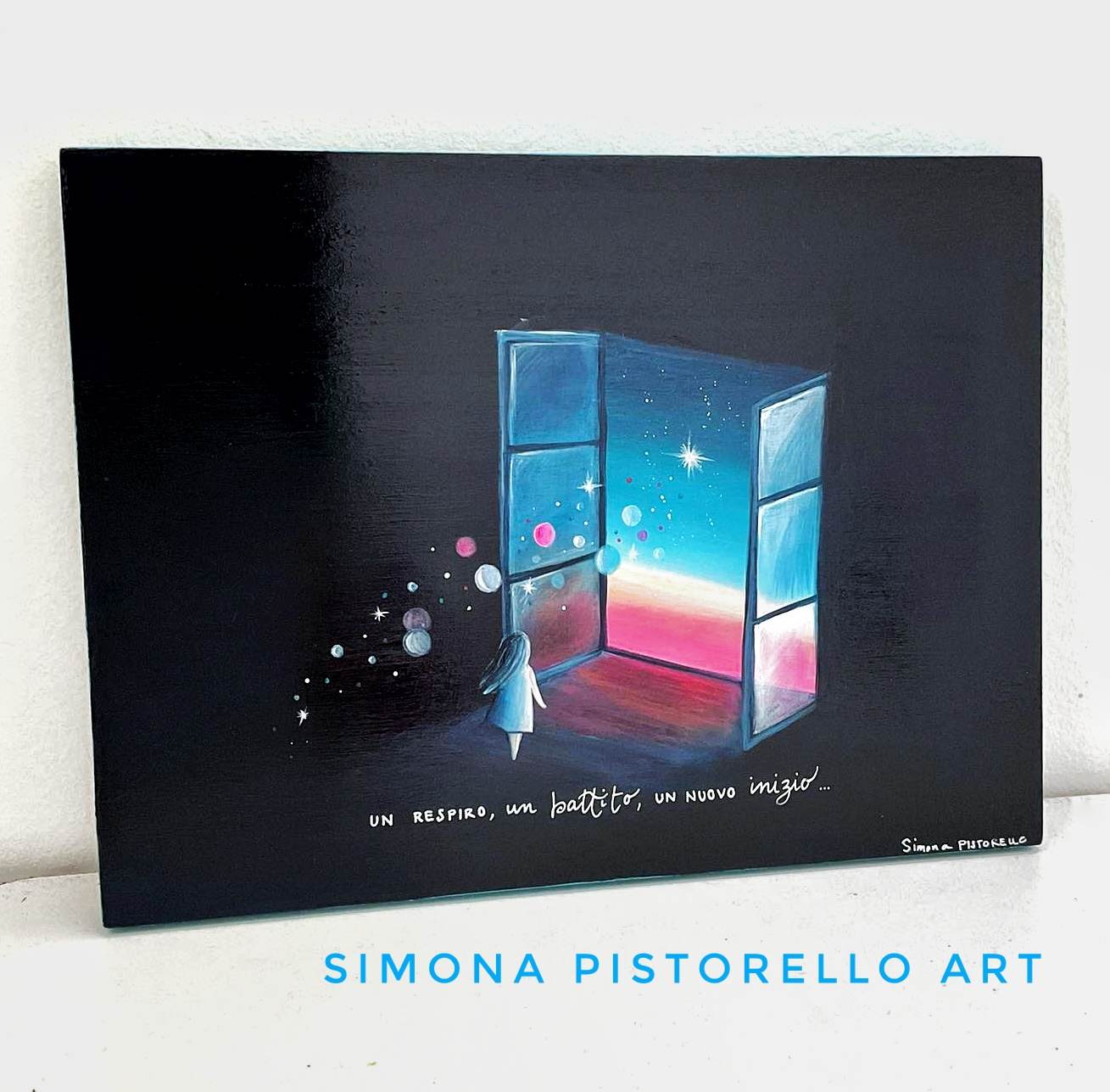 Dipinto su tavola di legno "Un respiro, un battito, un uovo inizio".