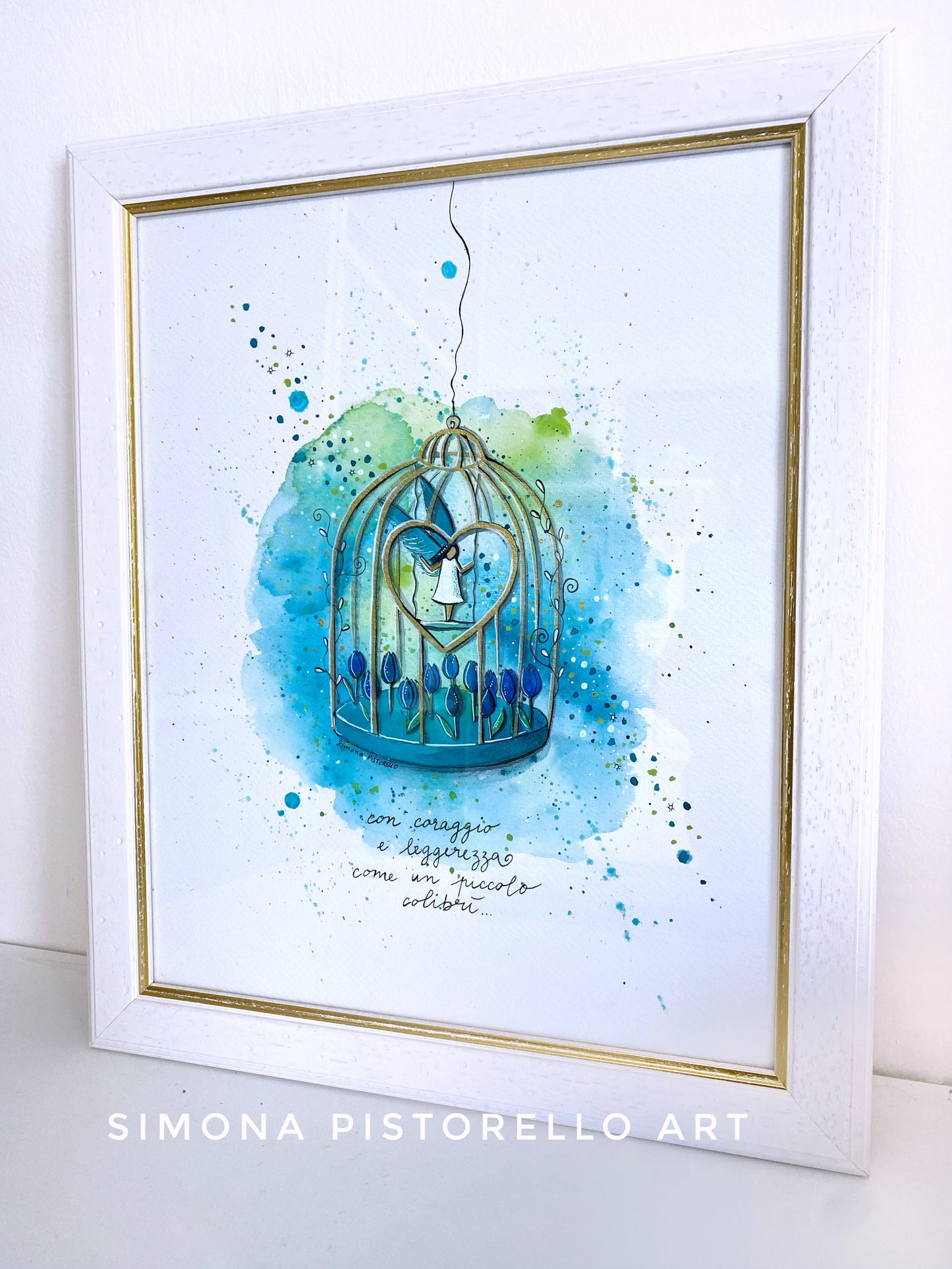 Acquerello "Colibrì" con cornice