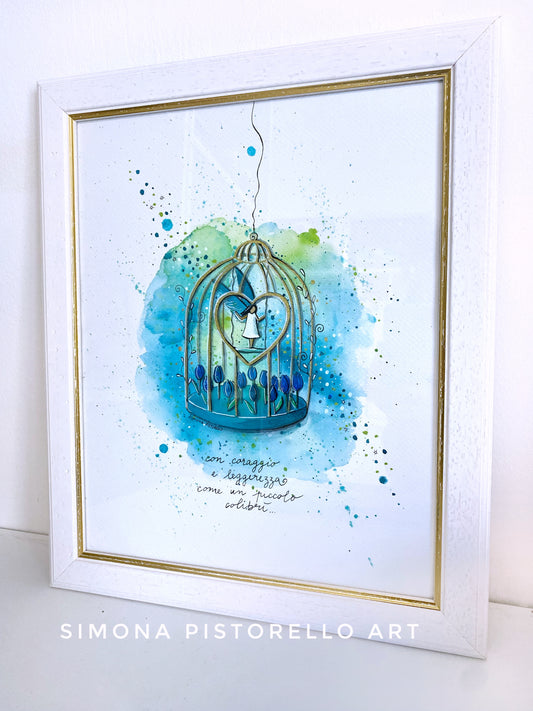 Acquerello "Colibrì" con cornice