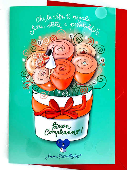 Biglietto Compleanno Fiori e Stelle con busta